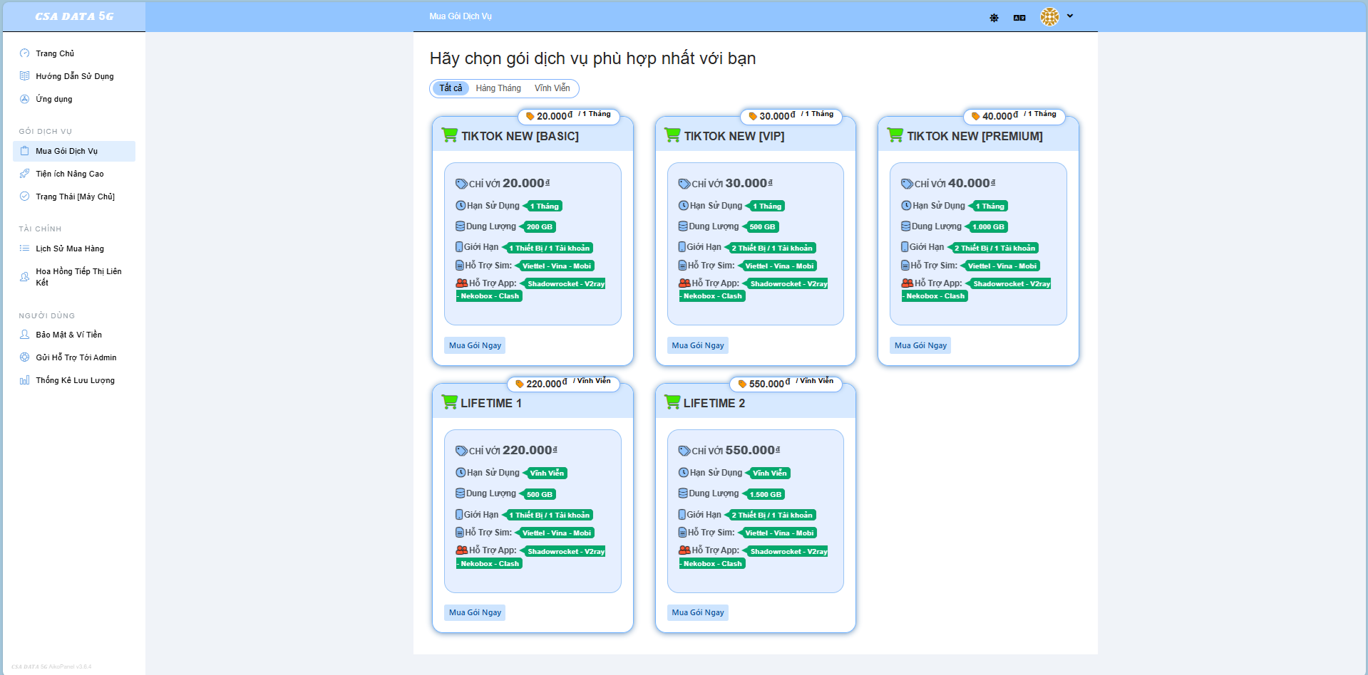 Giao diện mua gói